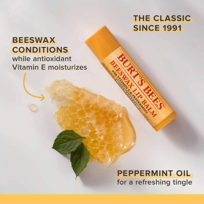 Photo 2 of Burt's Bees 100% Natural Origin Moisturizing Lip Balm, Original Beeswax with Vitamin E & Peppermint Oil, Pack of 12  NEW 
