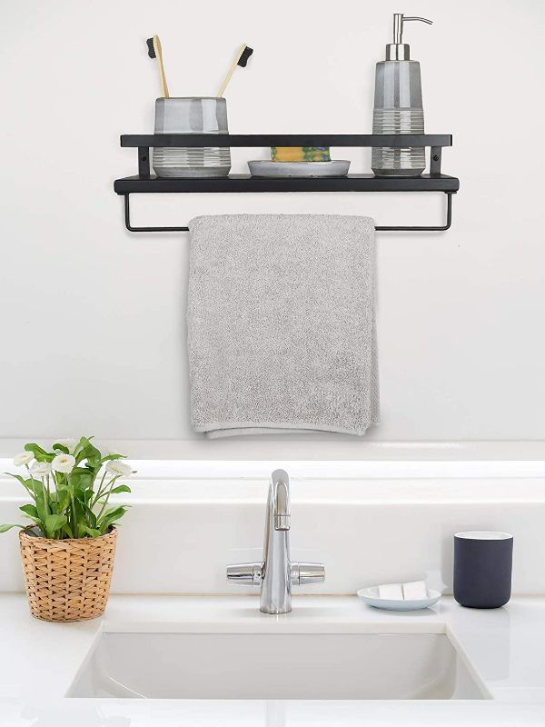 Photo 3 of Peter's Goods Modern Floating Shelves with Rail - Wall Mounted Bathroom Wall Shelves with Towel Bar - Also Perfect for Bedroom Decor and Kitchen Storage - Solid Paulownia Wood Shelf Set of 3