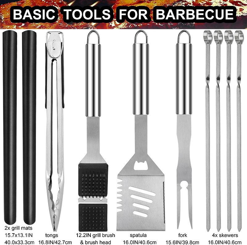 Photo 2 of grilljoy 29PC Heavy Duty BBQ Grilling Accessories Grill Tools Set - Stainless Steel Grilling Kit with Storage Bag for Camping, Tailgating - Perfect Barbecue Utensil Gift for Men Women