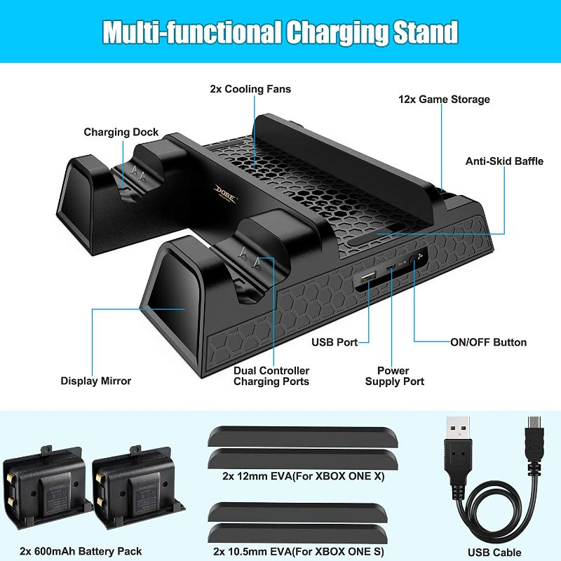 Photo 3 of KINGTOP Cooling Stand Compatible with Xbox One/One S/One X, Vertical Cooling Fan with 2 Pack 600mAh Batteries, Games Storage, Dual Controller Charging Station for Xbox One/One S/One NEW 