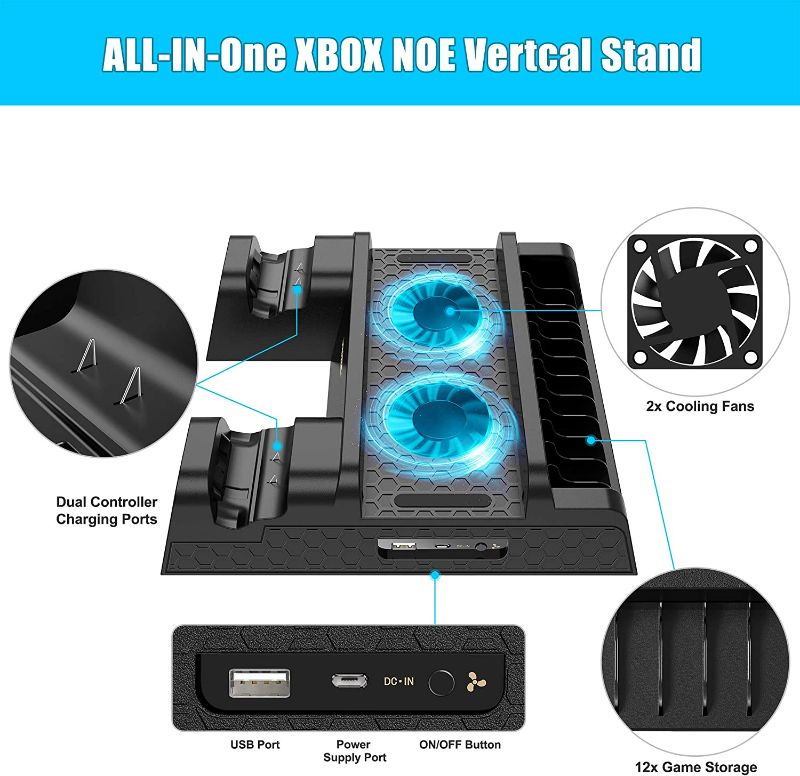 Photo 2 of KINGTOP Cooling Stand Compatible with Xbox One/One S/One X, Vertical Cooling Fan with 2 Pack 600mAh Batteries, Games Storage, Dual Controller Charging Station for Xbox One/One S/One NEW 