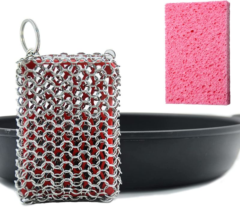 Photo 1 of Chainmail Scrubber with Silicone Core,Food Grade Chain Mail Scrubbing Pad with Extra Kitchen Sponge,Stainless Steel Cast Iron Cleaner for Cast Iron Skillet,Pan,Griddle,Oven NEW 