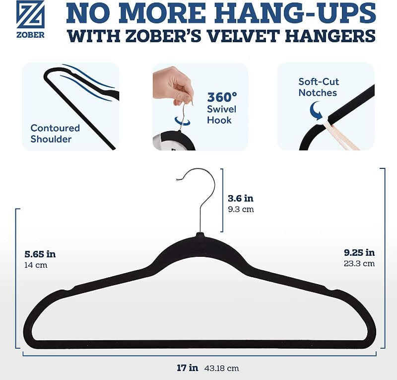 Photo 2 of Zober Premium Velvet Hangers - Non-Slip, Durable, Space Saving Clothes Hangers for Closet w/ 360 Degree Chrome Swivel Hook - Coat Hangers Hold up to 10 Lbs - 50 Pack - Black NEW 