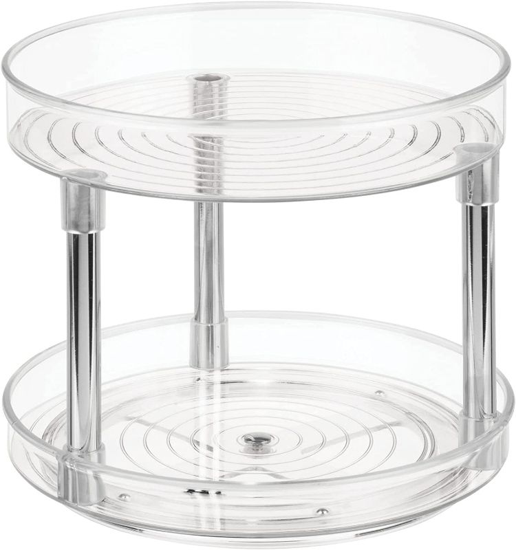 Photo 4 of mDesign 2 Tier Lazy Susan Turntable Food Storage Container for Cabinets, Pantry, Fridge, Countertops - Raised Edge, Spinning Organizer for Spices, Condiments - 9" Round - Clear/Chrome NEW 