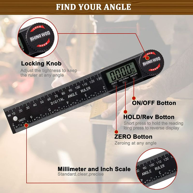 Photo 2 of Digital Angle Finder Protractor, 2 in 1 Miter Saw Protractor, Angle Finder Ruler with 7inch/200mm, Angle Measuring Tool for Woodworking/Carpenter/Construction/DIY Measurement(2 Batteries Included) NEW 