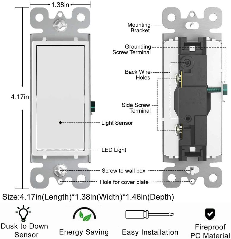 Photo 3 of 8 Pack SOZULAMP Light Switch with LED Night Light Decora Rocker Single Pole Wall Switch, Automatic On/Off Sensor NEW 