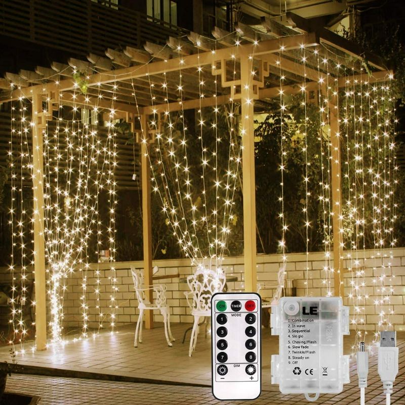 Photo 1 of LE Fairy Curtain Lights Battery or USB Plug in, (Unknown Length)Curtain of String Lights with Remote,  Indoor Outdoor Decorative Christmas Twinkle Lights for Bedroom, Patio, Party Wedding Backdrop NEW 