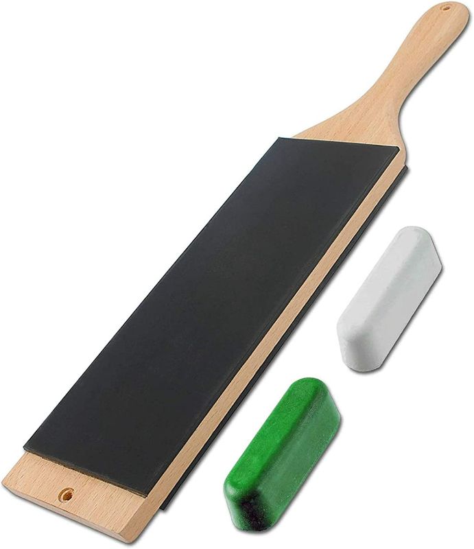 Photo 1 of LAVODA Leather Strop Paddle Large for Knife Sharpening 3" by 15" Double-sided with Green White Micron Polishing Compounds Kit Stropping Block for Kitchen Hunting Whittling Folding Pocket knives NEW 