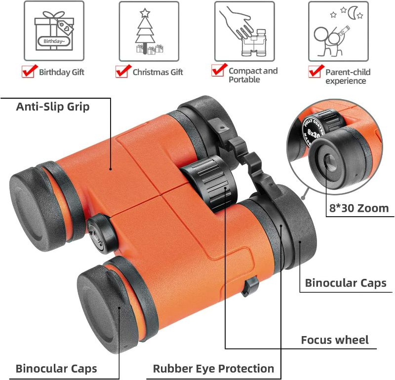 Photo 2 of Euber Best Compact Waterproof Shock Proof Binoculars for Kids- Toys Gift for 4-12 Year Old Boys and Girls (Orange)