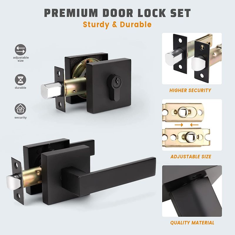 Photo 3 of KNOBWELL 2 Pack Square Heavy Duty Entry Door Handle Set with Single Keyed Deadbolt, Matte Black Door Handle Set with Deadbolt and Lever (for Entrance and Front Door) NEW 