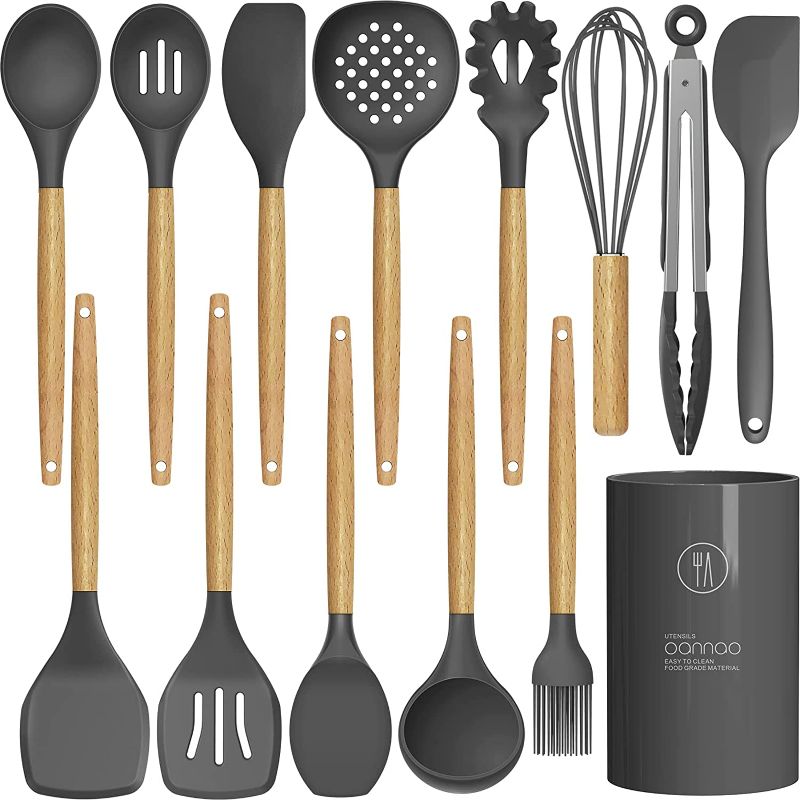 Photo 1 of 14 Pcs Silicone Cooking Utensils Kitchen Utensil Set - 446°F Heat Resistant,Turner Tongs, Spatula, Spoon, Brush, Whisk, Wooden Handle Gray Kitchen Gadgets with Holder for Nonstick Cookware (BPA Free) NEW 
