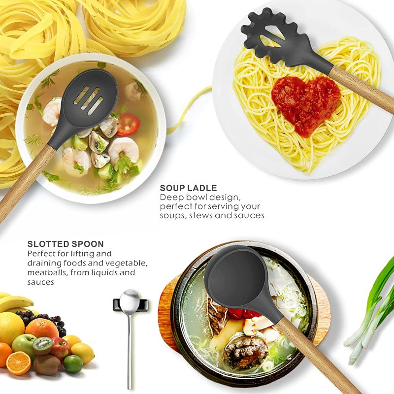 Photo 2 of 14 Pcs Silicone Cooking Utensils Kitchen Utensil Set - 446°F Heat Resistant,Turner Tongs, Spatula, Spoon, Brush, Whisk, Wooden Handle Gray Kitchen Gadgets with Holder for Nonstick Cookware (BPA Free) NEW 