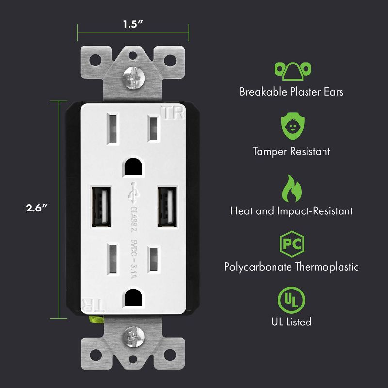 Photo 2 of TOPGREENER 3.6A USB Wall Outlet Charger(Upgraded), 15A Duplex Tamper-Resistant Receptacles Plug, Charging Power Outlet with USB Ports, Electrical USB Socket, UL Listed, TU2153A-6PCS, White, 6 Pack NEW 