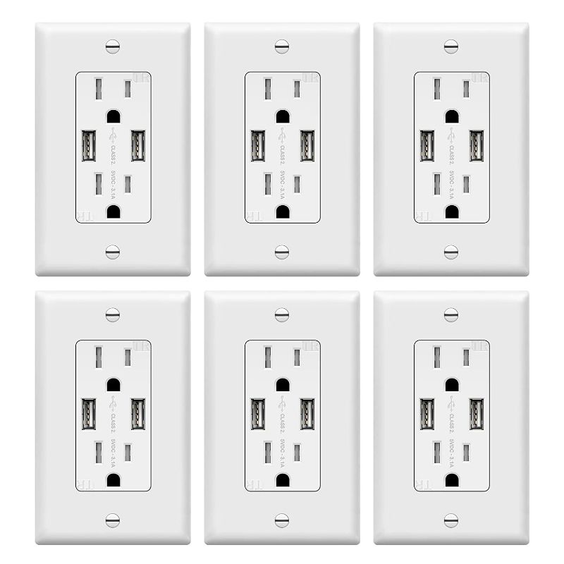 Photo 1 of TOPGREENER 3.6A USB Wall Outlet Charger(Upgraded), 15A Duplex Tamper-Resistant Receptacles Plug, Charging Power Outlet with USB Ports, Electrical USB Socket, UL Listed, TU2153A-6PCS, White, 6 Pack NEW 