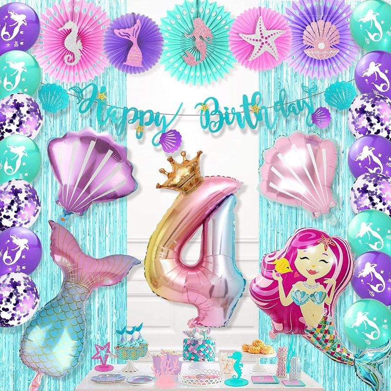 Photo 1 of Mermaid Party Decorations 4th, Hombae Mermaid Birthday Decorations for Forth Birthday, Mermaid Birthday Party Supplies, Number 4 Foil Balloon Mermaid Tail Shall Balloons, Mermaid Happy Birthday Banner Under The Sea Fringe Curtain Paper Fans With Cute Merm