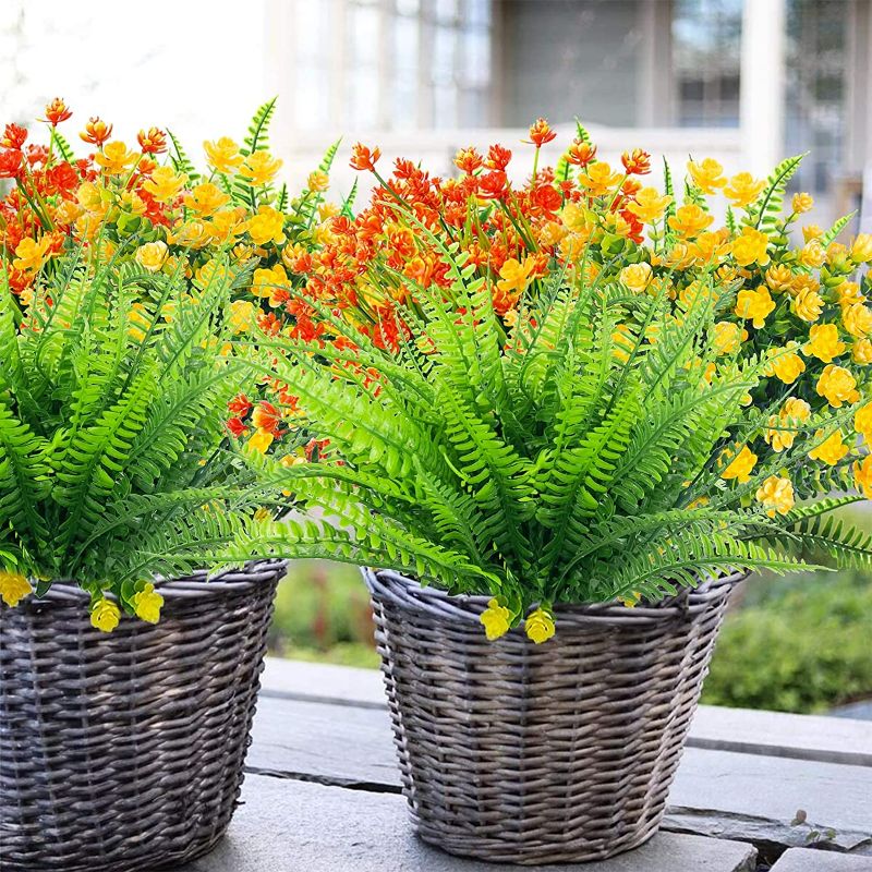 Photo 2 of Camlinbo 15 Bundle Artificial Flowers Outdoor Spring Summer Decorations Artificial Boston Fern UV Resistant Fake Plants Faux Plastic Flowers for Home Garden Outside Porch Decor Hanging Planters(Mixed) NEW 