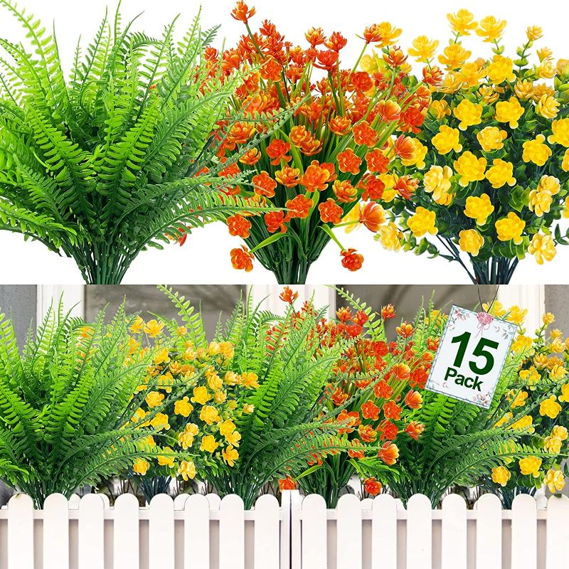 Photo 1 of Camlinbo 15 Bundle Artificial Flowers Outdoor Spring Summer Decorations Artificial Boston Fern UV Resistant Fake Plants Faux Plastic Flowers for Home Garden Outside Porch Decor Hanging Planters(Mixed) NEW 