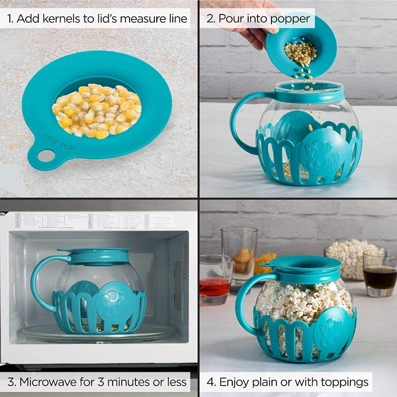 Photo 2 of Ecolution Patented Micro-Pop Microwave Popcorn Popper with Temperature Safe Glass, 3-in-1 Lid Measures Kernels and Melts Butter, Made Without BPA, Dishwasher Safe, 3-Quart, Teal NEW 