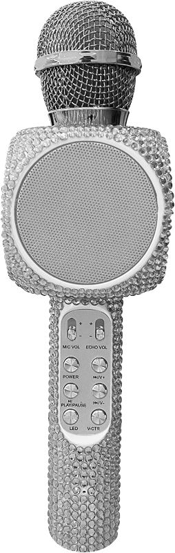 Photo 1 of Gabba Goods Karaoke Bling Karaoke Microphone Speaker Bluetooth Hand Held Karaoke Mic with Echo Effect Sing Along and Record Your self - Rhinestone - Bling (Silver) NEW 