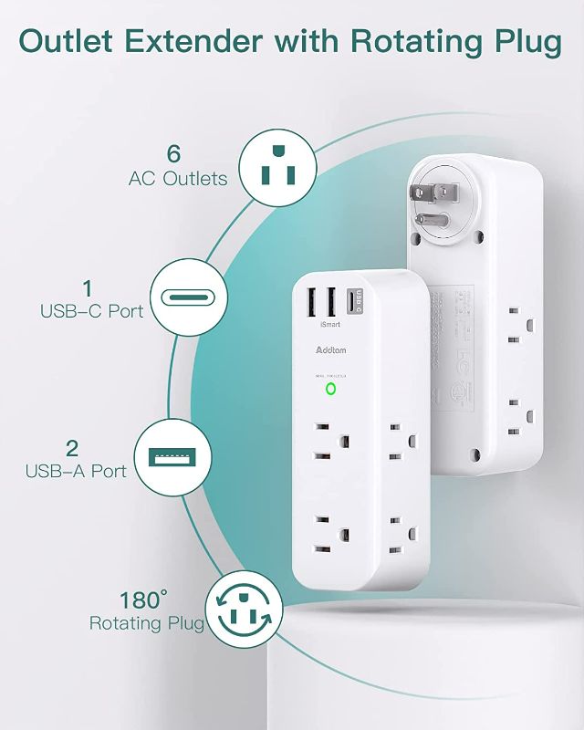 Photo 2 of Surge Protector - Outlet Extender with Rotating Plug, Multi Plug Outlets with 6 AC 3 USB Ports (1 USB C) , 3-Sided Power Strip with Wall Adapter Charger NEW 