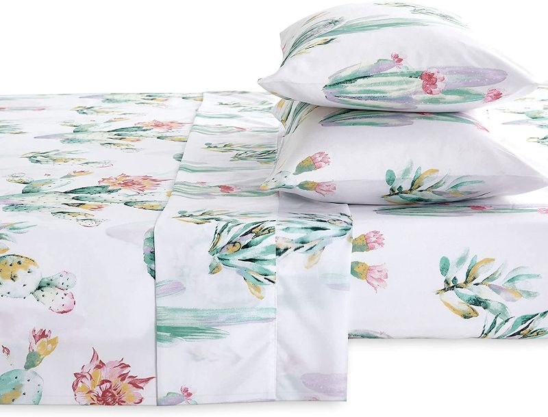 Photo 2 of Cactus Sheet Set, Watercolor Cacti Pattern Printed in Peach, Green and Yellow Soft NEW 