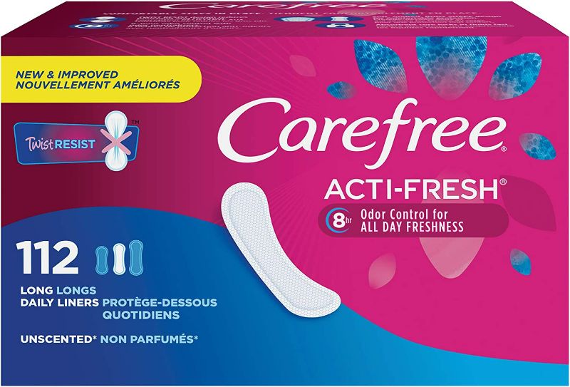 Photo 1 of Carefree Acti-Fresh Body Shaped Panty Liners, Flexible Protection that Molds to Your Body, Long, 112 Count (Pack of 1) NEW