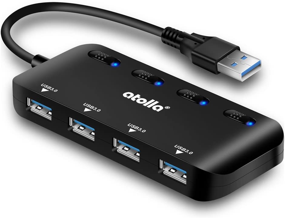 Photo 1 of USB 3.0 Hub Splitter - USB Extender 4 Port USB Ultra Slim Data Hub with Individual Power Switch and LED  Package Slightly Damaged NEW 