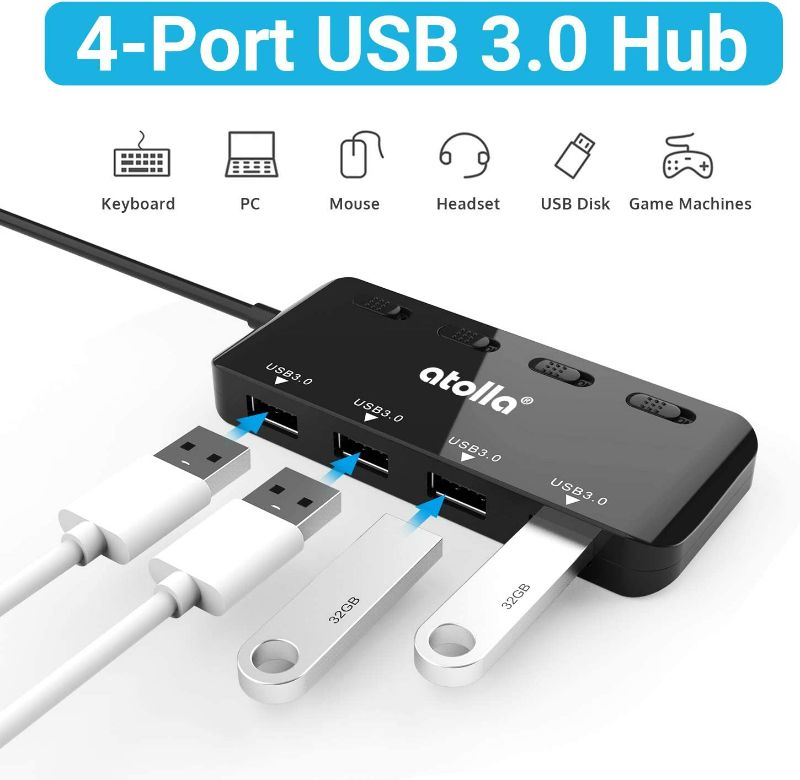 Photo 2 of USB 3.0 Hub Splitter - USB Extender 4 Port USB Ultra Slim Data Hub with Individual Power Switch and LED  Package Slightly Damaged NEW 