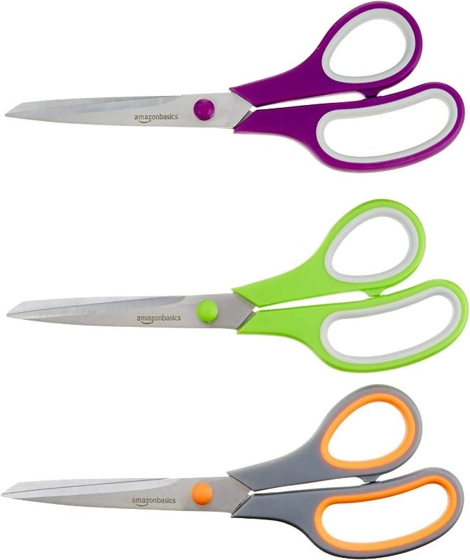 Photo 1 of Amazon Basics Multipurpose, Comfort Grip, PVD coated, Stainless Steel Office Scissors - Pack of 3 NEW 