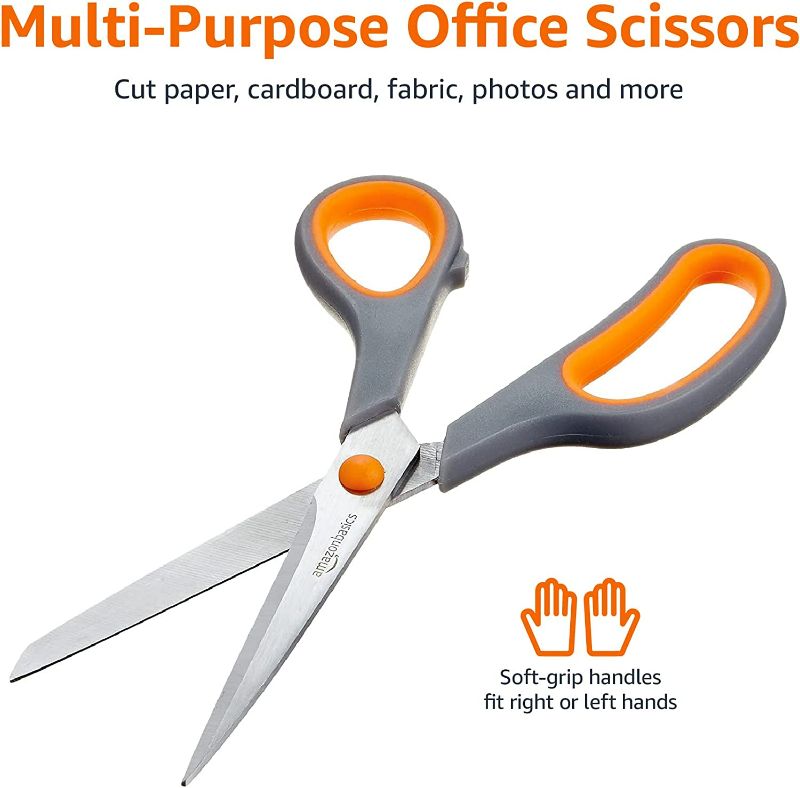 Photo 2 of Amazon Basics Multipurpose, Comfort Grip, PVD coated, Stainless Steel Office Scissors - Pack of 3 NEW 