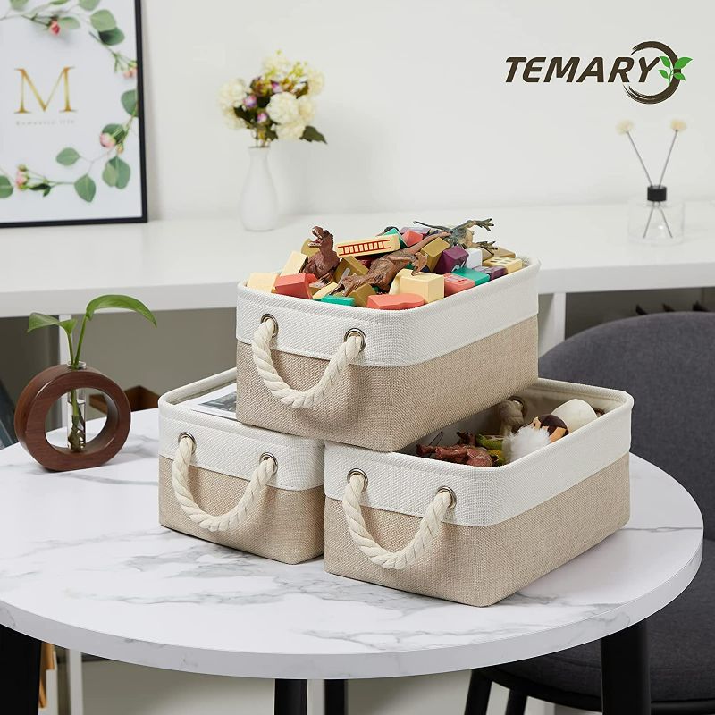 Photo 1 of Small Fabric Storage Baskets 6 Pcs Decorative Baskets Bins for Gifts Empty Foldable Storage Baskets with Handles for Organizing Shelf, Towels, Toys (White&Khaki) NEW 