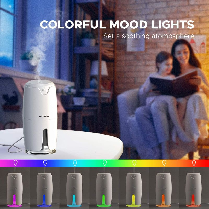 Photo 2 of muson Portable Small Humidifier Cool Mist Humidifier with Colorful Mood Lights USB Powered Humidifier for Home Bedroom Baby Nursery Office Desk 360ML Easy to Clean Water Tank White NEW 