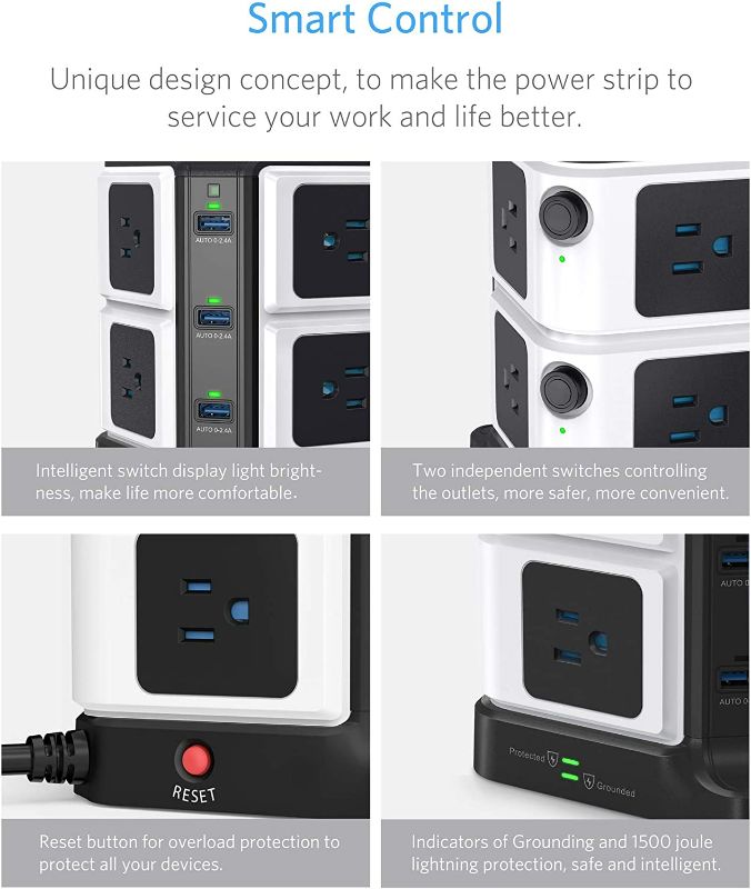 Photo 2 of BESTEK USB Power Strip 8-Outlet Surge Protector 1500 Joules with 40W/8A 6 USB Charging Station,ETL Listed,Dorm Room Accessories