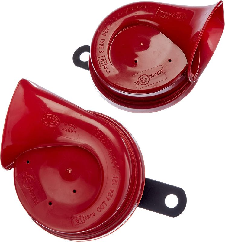 Photo 1 of HELLA 007424801 Twin Trumpet High/Low Tone 12V Horn Kit with Bracket, Red Package Slightly Water Damage
