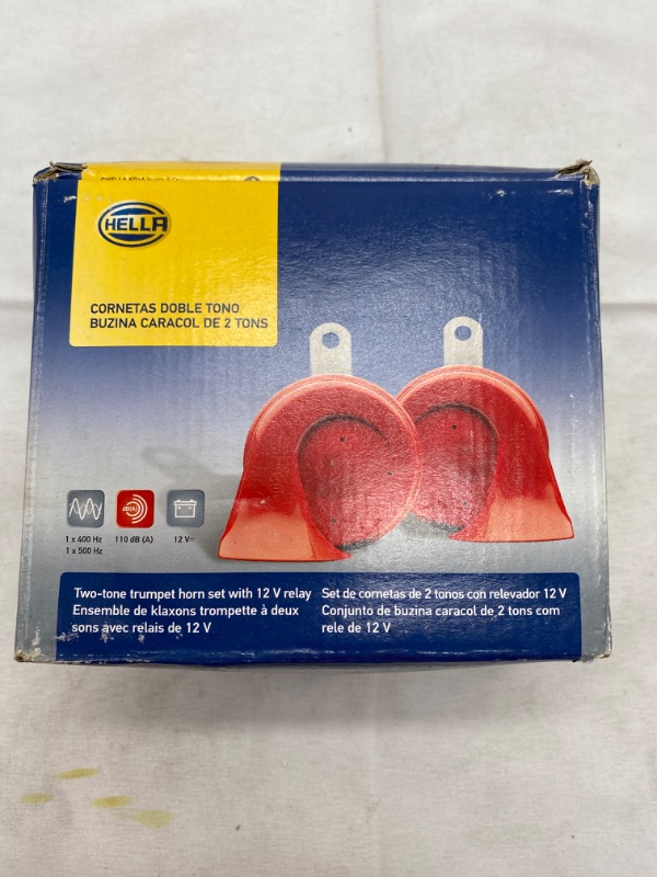 Photo 2 of HELLA 007424801 Twin Trumpet High/Low Tone 12V Horn Kit with Bracket, Red Package Slightly Water Damage