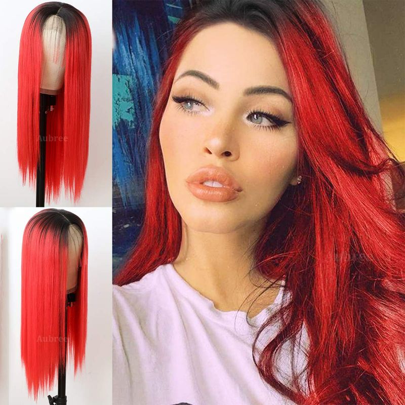 Photo 1 of Aubree Black Red Lace Front Wigs Long Straight Red Color Glueless Heat Resistant Synthetic Lace Hair Wigs for Fashion Women NEW 