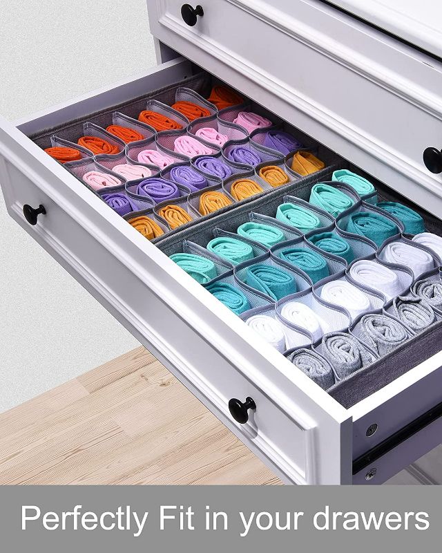 Photo 2 of  2 Pack Sock Drawer Organizer, Machine Washable Oxford Cloth, 24 Grids Organizer and Storage, Underwear Drawer Organizer Divider for Storing Socks, Underwear, Ties,  Grey