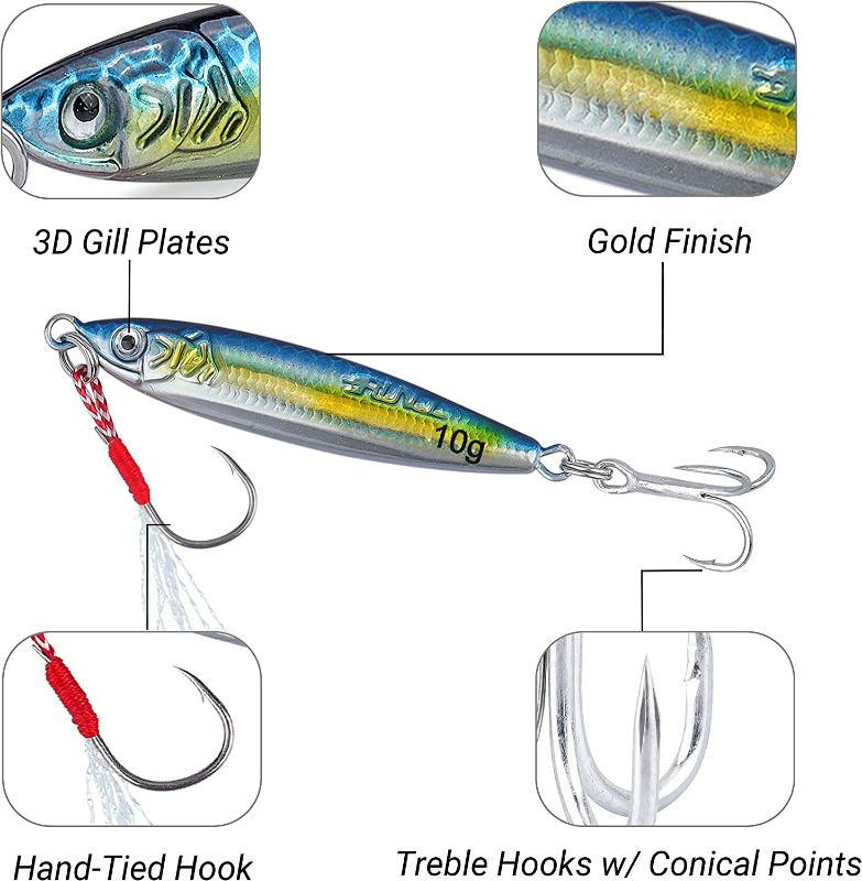 Photo 2 of Jigging Lures, Metal Lures, Fishing Jigging Spoons - Fish Profile, UV Coating, Gold Finish, 3D Lifelike Eyes, Hand-Tied Bucktail Trailer - Hard Lures (Pack of 5) NEW 