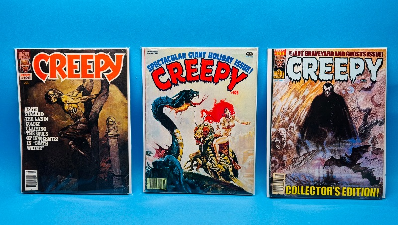 Photo 1 of 827473… 3 vintage Creepy magazines in plastic sleeves - shows wear from age