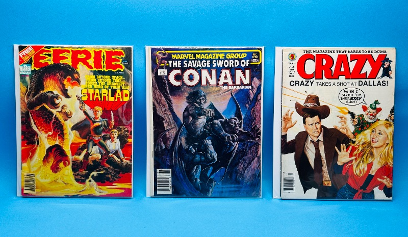 Photo 1 of 827476… 3 vintage comic magazines in plastic sleeves - shows wear from age