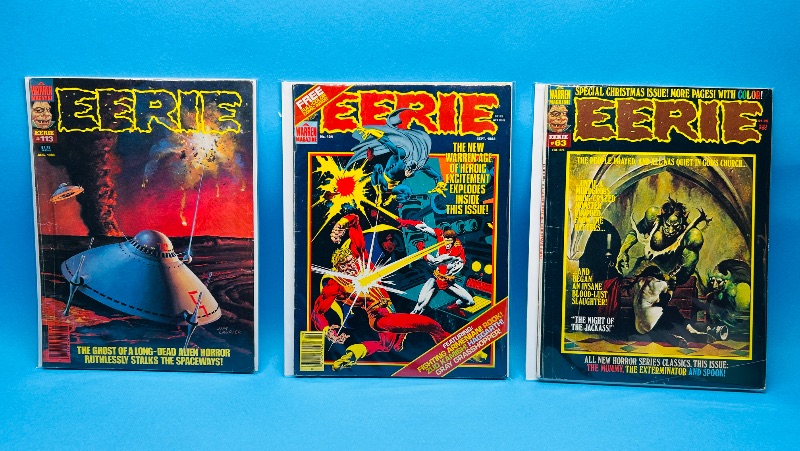 Photo 1 of 827477… 3 vintage Eerie magazines in plastic sleeves - shows wear from age