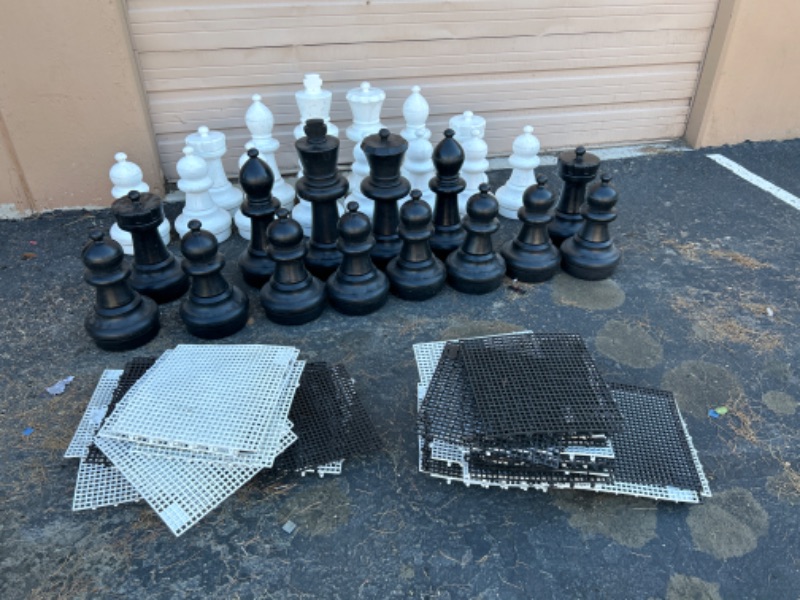 Photo 1 of Extra Large oversize Rolly toys made in Germany chess set largest piece measures 25 inches tall this set is missing all 4 knights. Unsure if all the deck pieces are there.