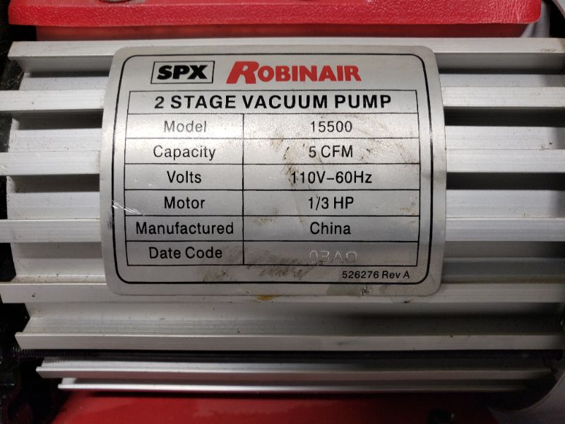 Photo 2 of Robinair (15500) VacuMaster Economy Vacuum Pump - 2-Stage, 5 CFM , Red ( Missing screw on fan shroud)