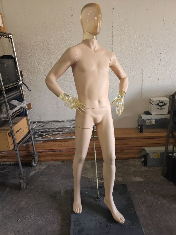 Photo 1 of almost 6 foot tall mannequin with solid acrylic head and hands This head that look like an alien is super cool small paint chips on body and 1 finger is broken on the right hand 