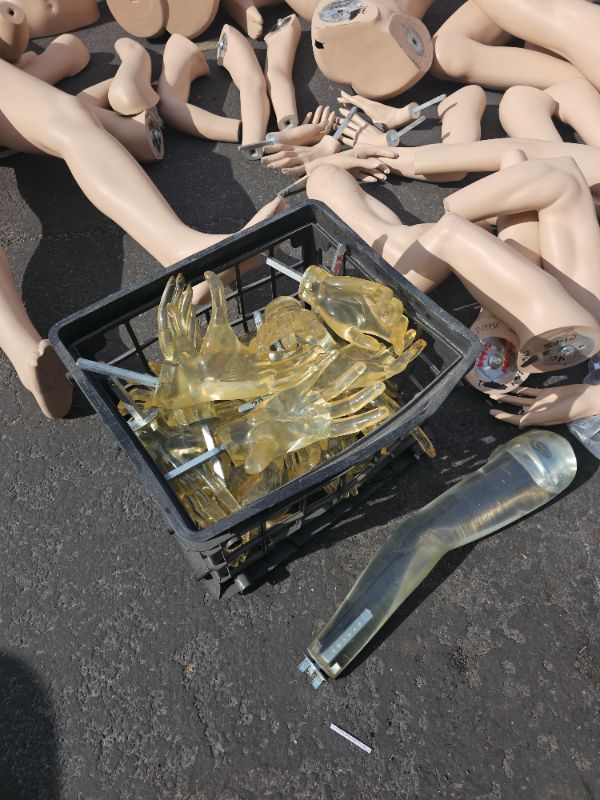 Photo 2 of Large lot of mannequin parts and pieces need help or for parts includes box of acrylic hands some broken some not also includes 1 rolling 20 bushel canvas cart truck You will need a truck or van for this huge lot