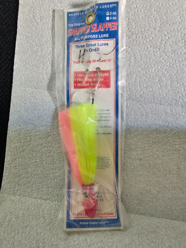 Photo 1 of 3oz Snapper Slapper Saltwater Lure
3oz Weighted Squid Head
Colorful Skirt
Rigged with Single Assist Hook Through the Eyelet
Realistic Fish Eye Design
Catches All Blue Water Fish