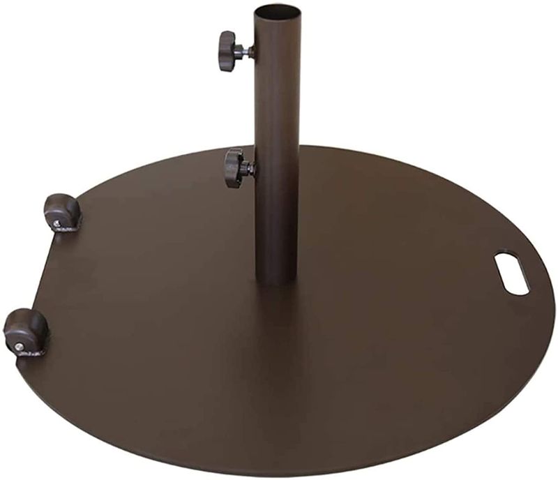 Photo 1 of Abba Patio 55 lb with Wheels Patio Umbrella Base Heavy Duty Round 28 inch Diameter Steel Outdoor Market Umbrella Base Stand for Deck, Lawn, Garden, Pool, Brown