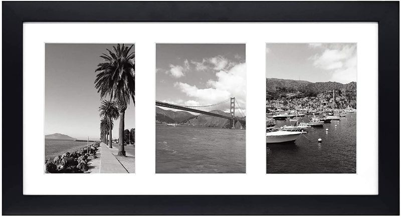 Photo 1 of Golden State Art, 9x18 Black Wood Frame - White Mat for Three 5x7 Pictures - Sawtooth Hangers- Swivel Tabs - Wall Mounting - Landscape/Portrait - Real Glass - Collage Frame