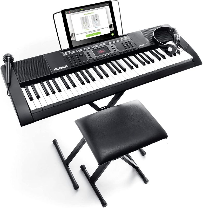 Photo 1 of Alesis Melody 61 Key Keyboard Piano with 300 Sounds, Speakers, Digital Piano Stand, Bench, Headphones, Microphone, Music Lessons and Demo Songs