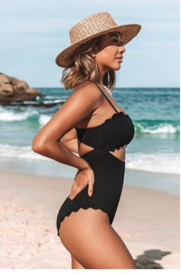 Photo 1 of Black Knotted Scalloped One Piece Swimsuit, Medium